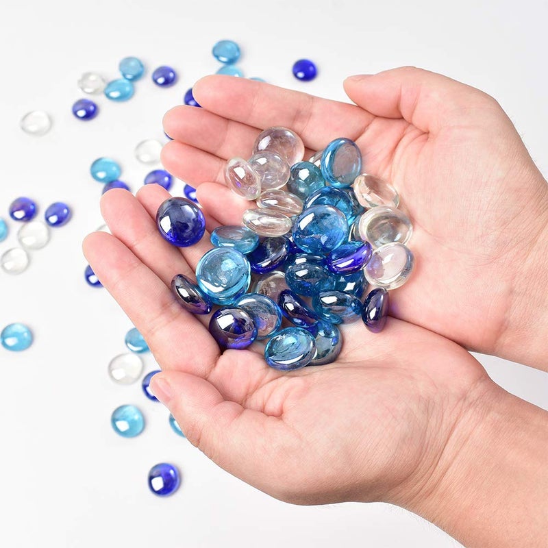 HOKPA Flat Glass Marbles 1lb, 100PCS Mixed Color Blue Glass Beads for Vases Flat Gems Aquarium Pebbles Decorative Vase Filler Table Scatter Decor - Image 3